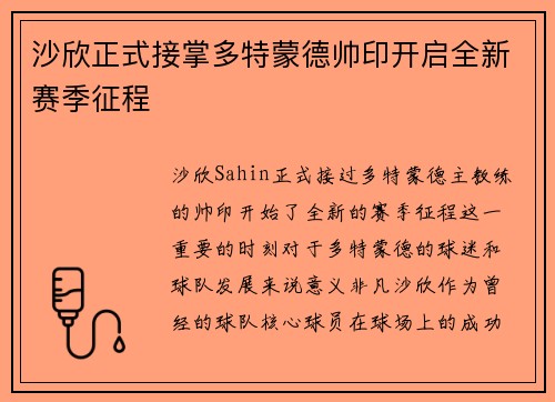 沙欣正式接掌多特蒙德帅印开启全新赛季征程